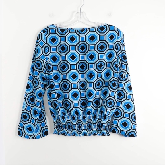 Michael Kors blue top XS geometric print elastic waist band y2k blouse 70s 1970 - Picture 3 of 5